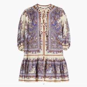 NWT $825 Zimmermann Ottie Lace-Up Linen Minidress in Purple Paisley-Size 2 (8US)